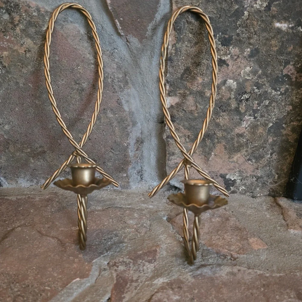 Vintage Twisted Metal Bow Wall Sconces Gold Tone Taper Candle Holders Pair